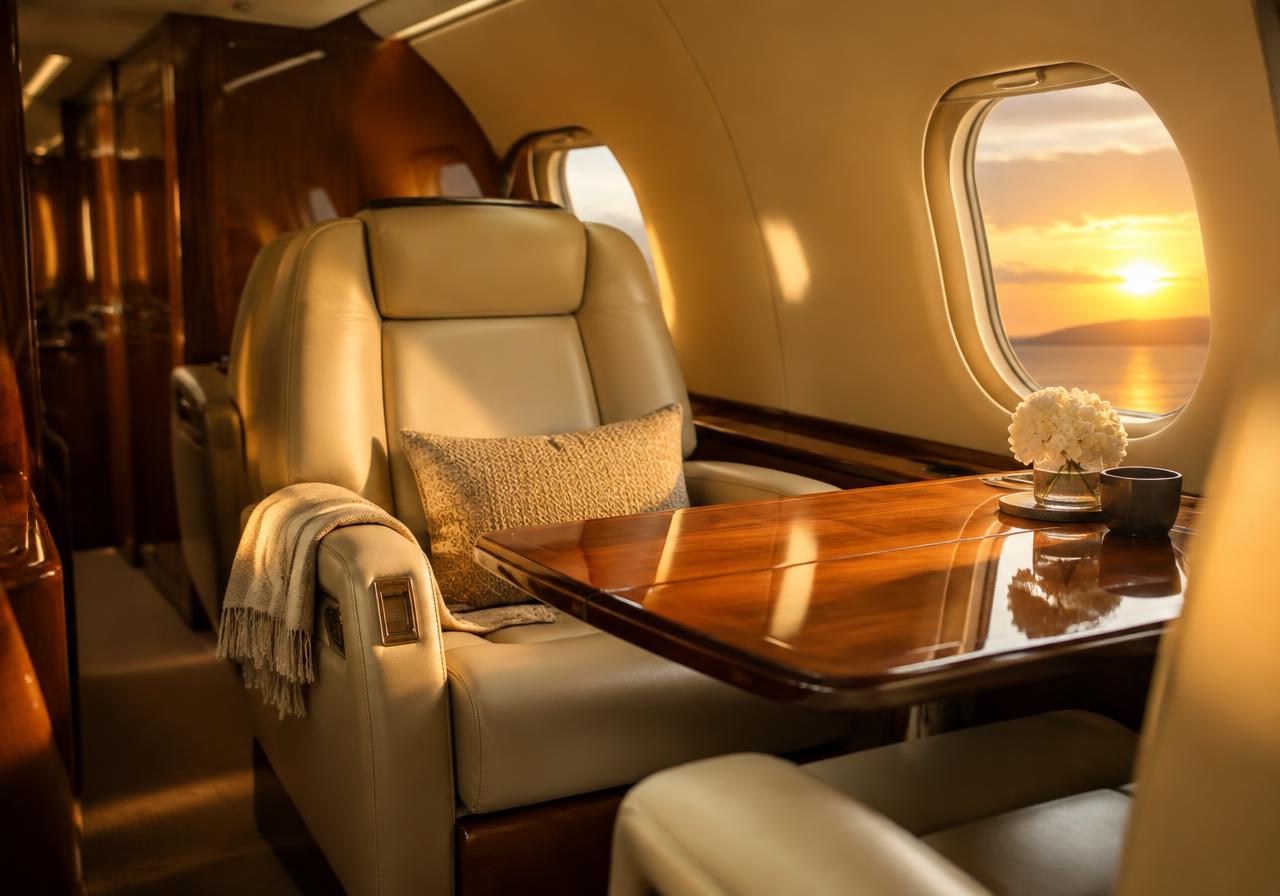 Warm private jet cabin interior at sunset (illustrative)