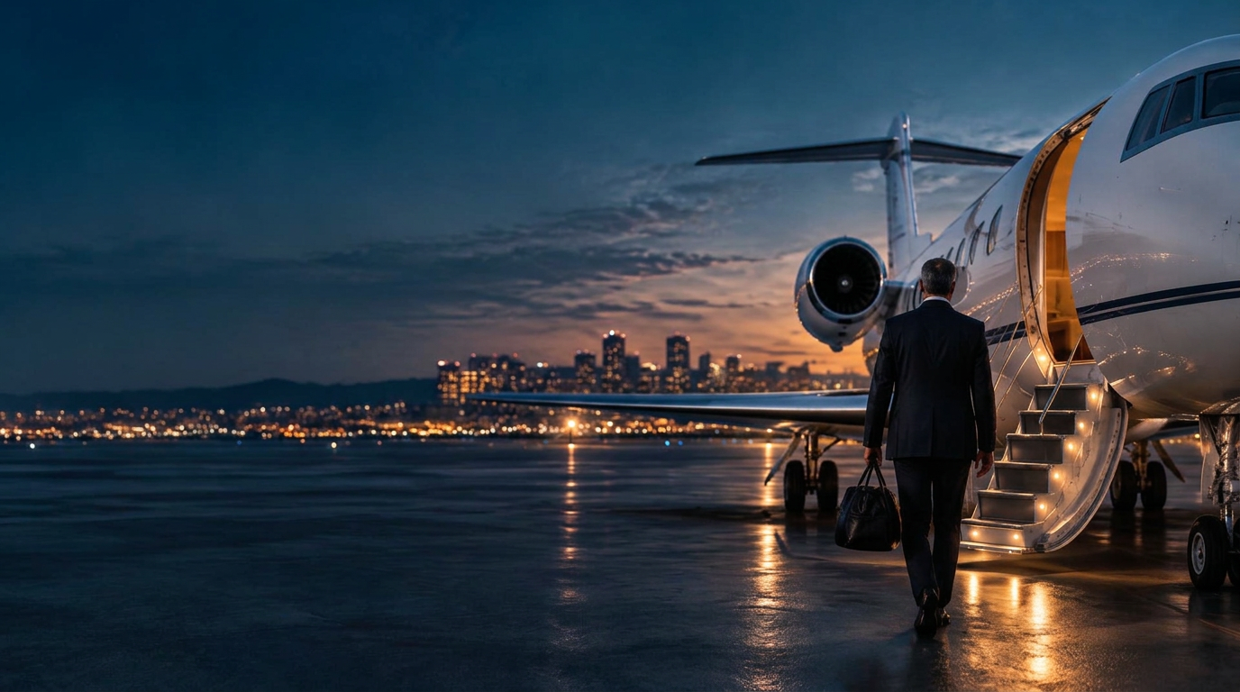 A traveler walking toward a private jet at sunset