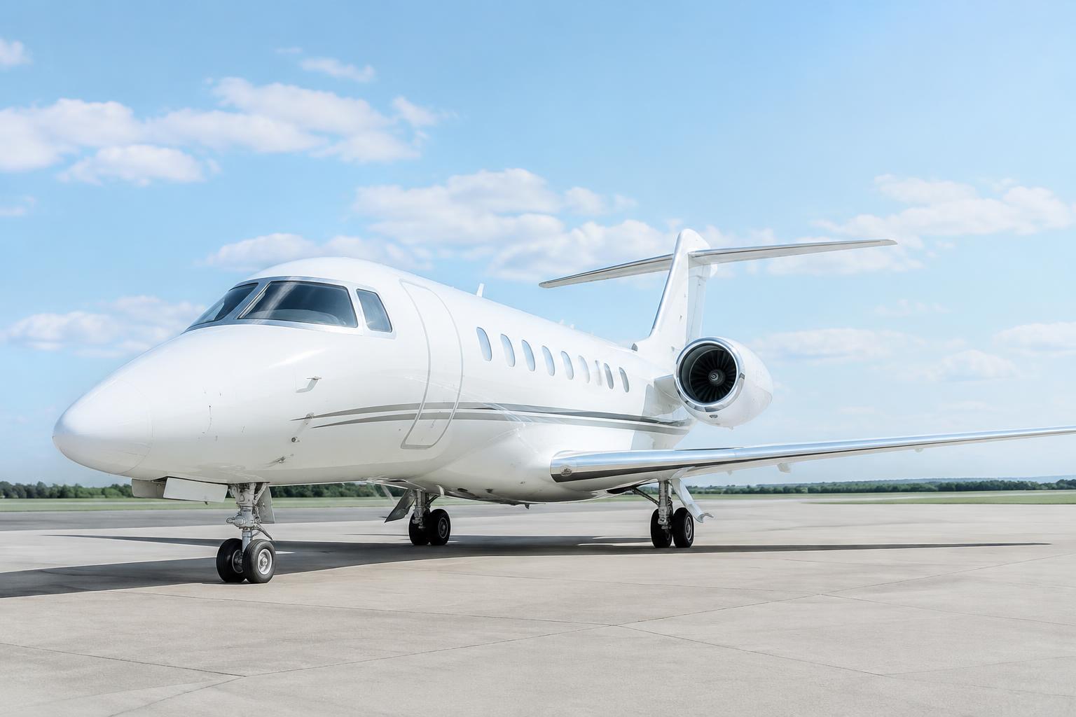 White private jet on a sunlit tarmac under a bright blue sky